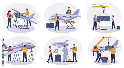 Six vignettes illustrating aircraft maintenance and service tasks in flat vector style