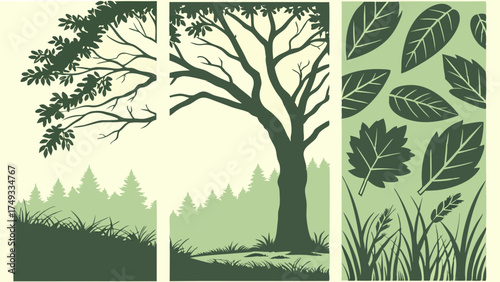 Green Forest Silhouettes with Lush Trees and Detailed Leaves for Environmental Branding, Nature Websites, and Sustainable Design