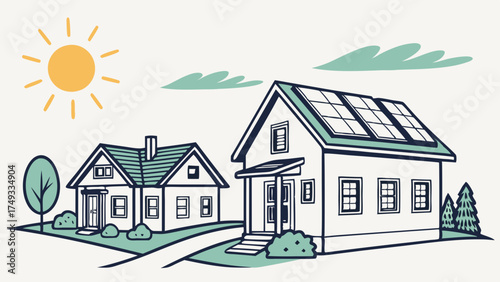 Residential House with Solar Panels for Clean Energy. Sustainable Home Powering with Renewable Sun. Eco-friendly Living for Modern Homeowners and Green Solutions.