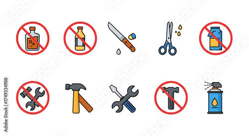Ten icons depicting prohibition signs for liquids sharp objects and tools