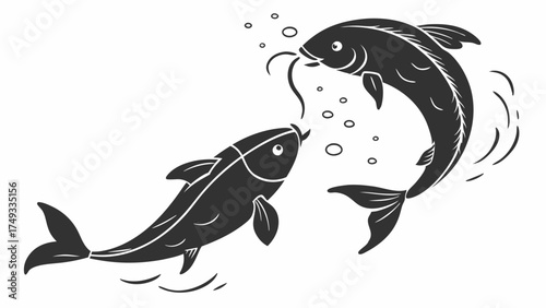 Two Stylized Fish Swimming Interacting Graphic Illustration for Business Partnership Communication and Harmony Design Elements