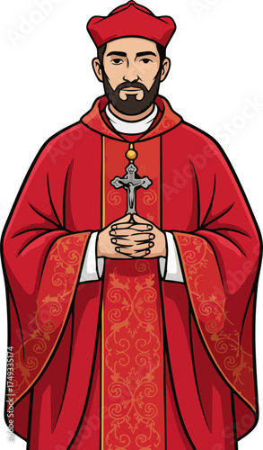 Catholic Cardinal Cartoon Vector Illustration in Ornate Red Robe with Cross – Hands in Prayer Pose Religious Character
