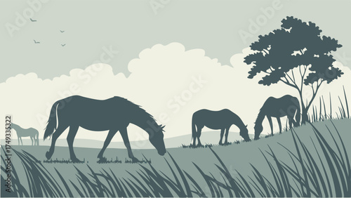 Peaceful Wild Horses Grazing in Grassy Field Silhouette Illustration for Nature Conservation Wildlife Travel Outdoor Marketing
