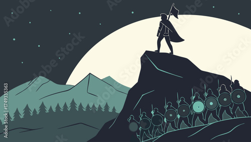 Determined Leader with Flag on Mountain Peak Leading Team to Victory Overcoming Challenges for Business Growth