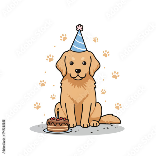 A vibrant 2D flat vector illustration features an adorable golden retriever wearing a tiny party hat, patiently sitting next to a birthday cake with a lit candle.