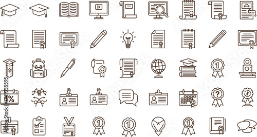 Education and learning icon set, school, graduation, achievement, online study, diploma, certificate, academic success, training, and knowledge development.
