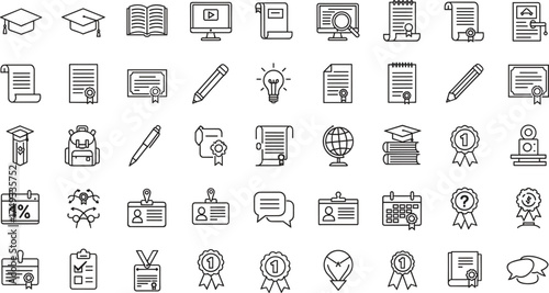 Education, learning, and achievement icon set with school, graduation, study, diploma, certificate, book, online course, and academic success symbols.
