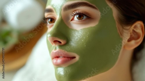 Relaxing Spa Day - Woman with Green Facial Mask Enjoying Beauty Treatment.