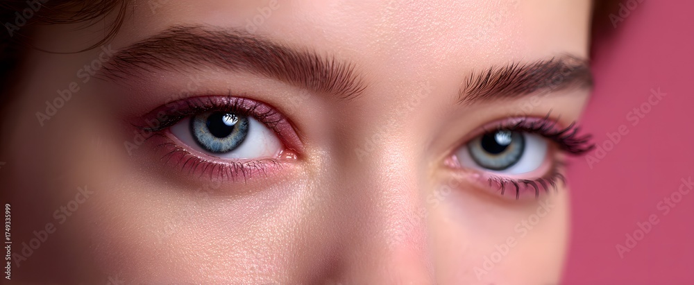 Naklejka premium The eyes in a gentle rosy face close-up with perfect complexion