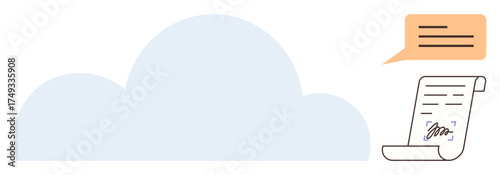 Digital cloud and signed document with speech bubble. Ideal for cloud storage, e-signature, digital communication, online security, internet archiving, modern business, technological advancement