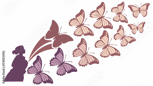 Empowered Woman Silhouette with Butterflies Flying for Personal Growth, Mental Wellness, and New Beginnings.