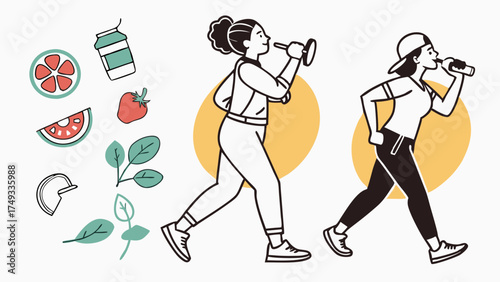 Diverse Active Women Exercising, Hydrating, and Eating Healthy Food. Fitness and Wellness Lifestyle Illustration.
