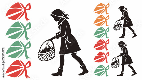 Little Girl Silhouette Collecting Easter Eggs in Basket Spring Holiday Hunt Vector Design