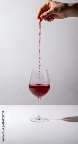 Graceful hand pouring a vibrant stream of red liquid into a clear wine glass. This elegant motion highlights beverage preparation, ideal for culinary, lifestyle, and drink-related visuals