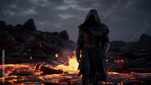 Enigmatic Hooded Wanderer Navigates a Treacherous, Fiery Volcanic Realm Under a Foreboding Sky