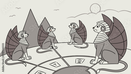 Ancient Egyptian Winged Sphinx Council Discussing Strategy on Game Board. Mythical Fantasy Planning and Decision Making.