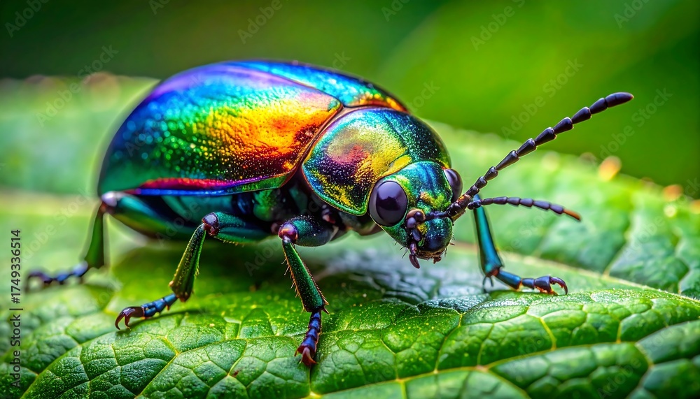 Naklejka premium A dazzling, close-up shot of a colorful insect with a reflective, iridescent shell, resting on a textured, green leaf. The background is blurred