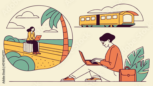 Young Woman Working on Laptop While Traveling, Dreaming of Remote Beach Office. Flexible Work, Digital Nomad Lifestyle, and Location Freedom.