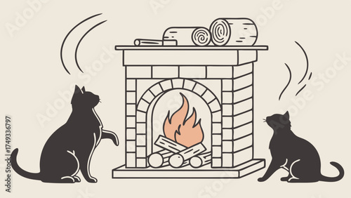 Cozy Winter Home Scene with Two Black Cats Enjoying Warm Fireplace and Burning Logs Illustration