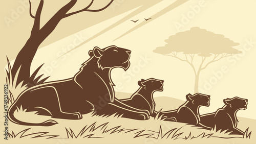 African Lioness Leading Her Three Cubs in Savanna Wildlife Illustration for Family Strength, Protection, and Conservation