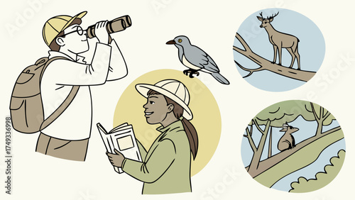 People Exploring Nature and Wildlife with Binoculars and Field Guide for Outdoor Education and Ecotourism Illustration