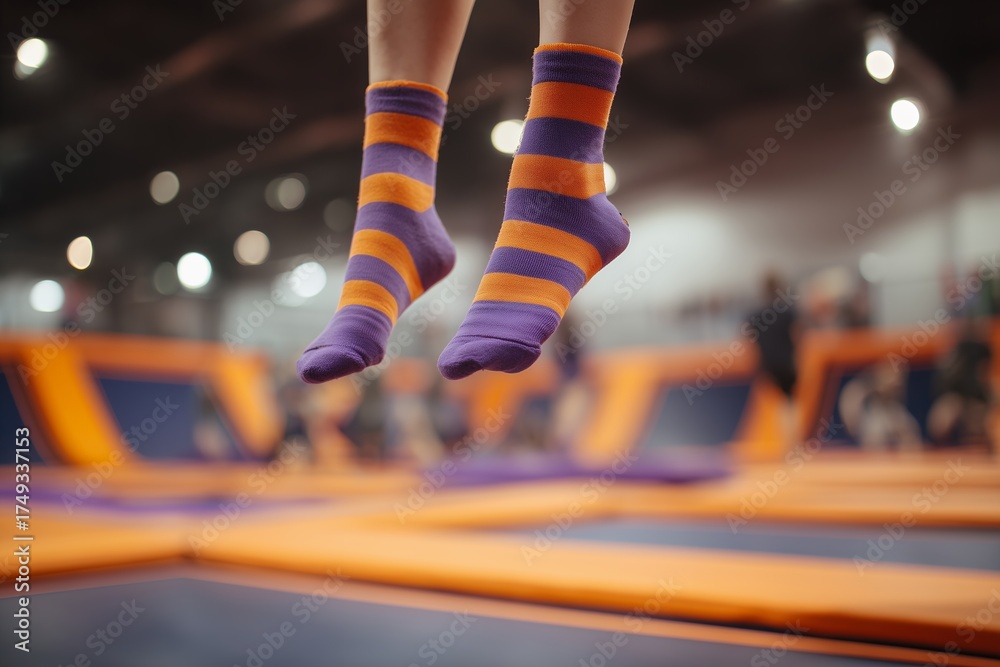 Fototapeta premium Legs in vibrant striped socks mid-air over a trampoline park with blurred backdrop, concept for recreational activity, indoor amusement park fun and childhood energy