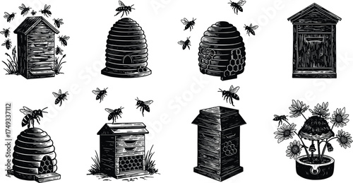 Beehive illustrations, flying bees, honeycomb structures, pollination activity, apiary icons, nature graphics, beekeeping elements, hive styles, insect behavior, agriculture