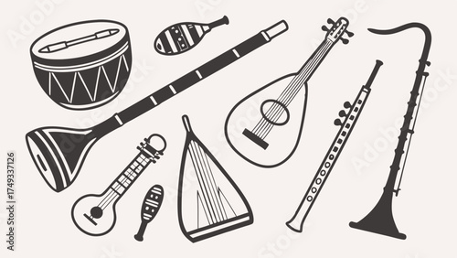 Diverse Folk Musical Instruments Monochrome Hand Drawn Vector Art for World Music Festivals Cultural Celebrations Education and Marketing