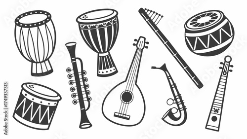 Black and White Hand Drawn Musical Instruments Vector Art Set. Traditional World Music Drums, Strings, and Wind Instruments Doodle Illustration.