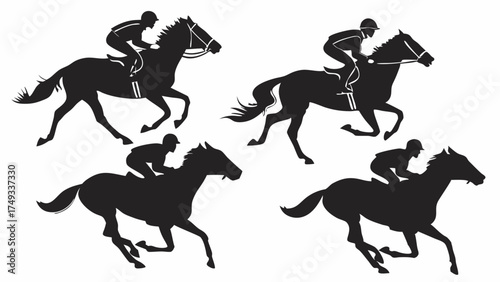 Four dynamic black and white vector silhouettes of horse racing jockeys and horses in full gallop, showcasing equestrian sport action.