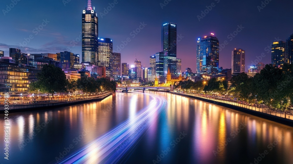 Obraz premium Cityscape night river boat lights