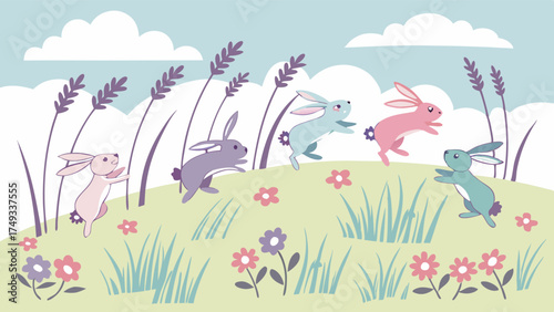 Whimsical illustration of five cute pastel bunnies hopping and playing in a vibrant spring meadow with colorful wildflowers, tall lavender, and fluffy clouds.