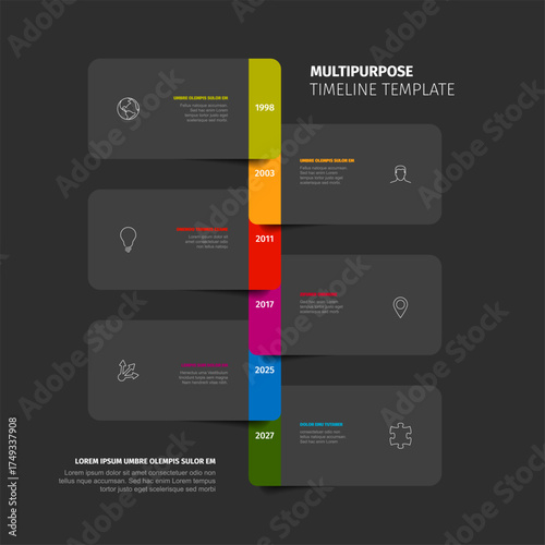 Vertical timeline template showcases a sleek, minimalist design on a dark background. Colorful timeline features distinct years and content placeholders for a clear, organized timeline presentation.