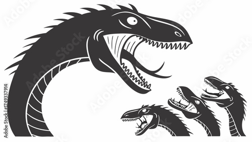Intense black and white graphic illustration of a large mythical dragon head roaring with sharp teeth and long tongue, alongside three smaller fantasy serpent creatures.