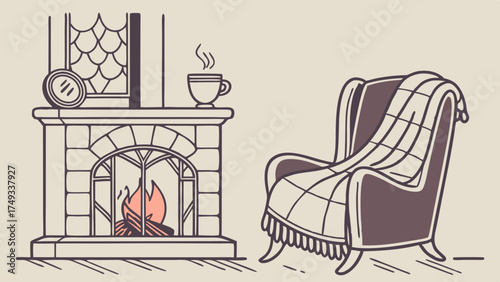 Cozy fireplace scene with a warm, crackling fire, steaming mug, and comfortable armchair draped with a plaid blanket. Hand-drawn, minimalist line art illustration.
