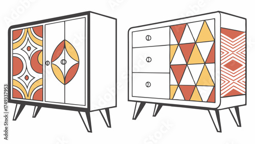 Stylish Mid Century Modern Cabinets and Dressers featuring Abstract Geometric Patterns in Orange Yellow White, perfect for Retro Scandinavian Home Decor