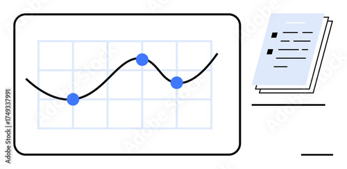 Chart with curved line and data points on grid alongside stacked sheets of paper. Ideal for data analysis, reporting, business growth, financial planning, strategy, documentation, simple flat