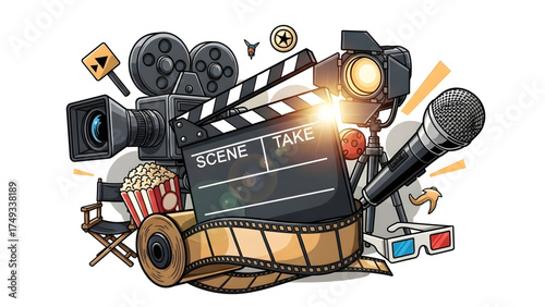 Film Production Elements Clapperboard, Camera, Microphone, and More for Movie Creation