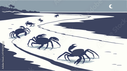 Serene duotone illustration of crabs migrating along a sandy tropical beach at night, under a crescent moon, with ocean waves and distant palm trees.