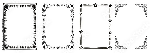 Black and white vector decorative border set with four unique corner designs, featuring spikes, stars, swirls, and elegant flourishes, symmetrical thin-line style for page decoration