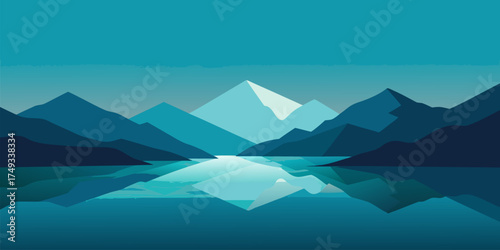 Minimalist mountain range reflected in calm water reflection
