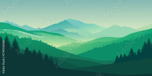 Rolling green mountain valleys with distant peaks mountains