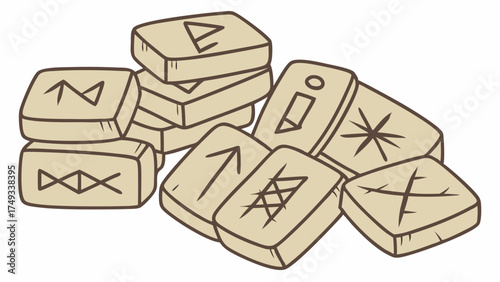 Cartoon illustration of a pile of ancient Norse runic stones. Mystical pagan divination symbols on rectangular tiles for spiritual fortune telling and magic.