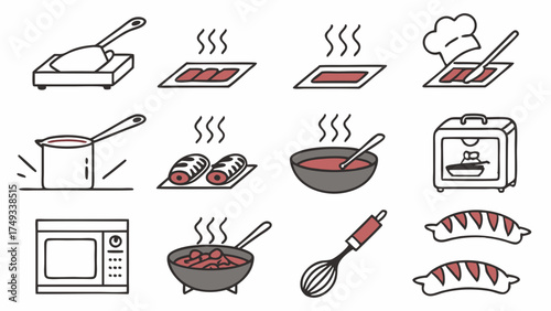 Modern line art cooking icons set. Flat design vector illustration of food preparation methods, kitchen tools, baking, frying, boiling, microwave, oven.