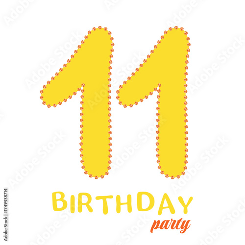 Holiday banner. Eleventh Birthday party, Happy birthday 11 year old. Invitation or greeting card. Vector illustration.