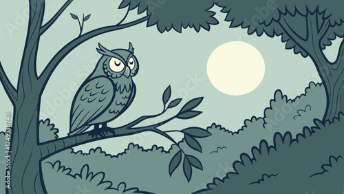 Monochrome cartoon of a wise owl perched on a tree branch in a peaceful forest at night under a full moon. Muted blue-green wildlife illustration.