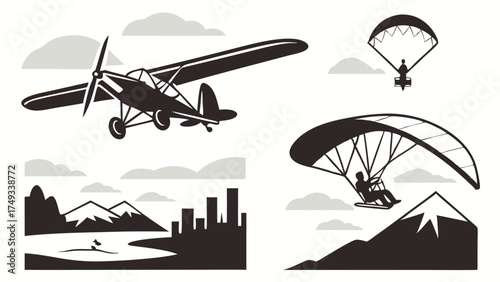 Black and white vector illustration of air sports featuring a propeller plane flying over mountains city and lake a paramotor and a paraglider over scenic landscapes