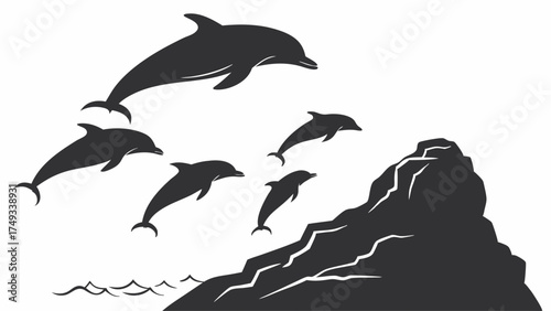 Graceful black and white vector silhouette of a pod of dolphins jumping high out of the ocean waves next to a rugged rock formation, marine wildlife art.