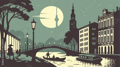 Moonlit vintage illustration of a European canal city at night, featuring historic buildings, arched bridge, boats, and a distant TV tower silhouette.