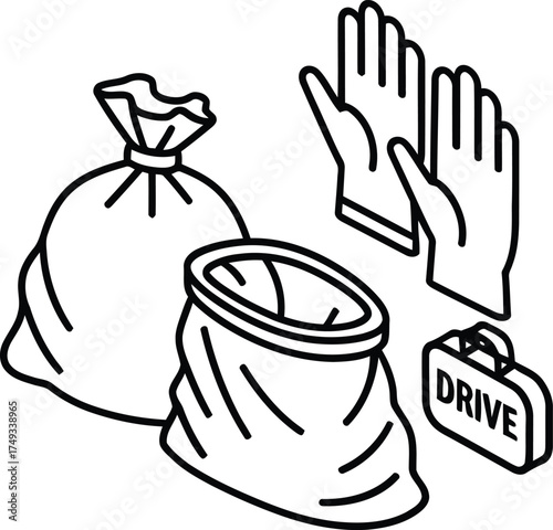 Collection of illustrated items for a community cleanup or recycling drive event including bags and gloves